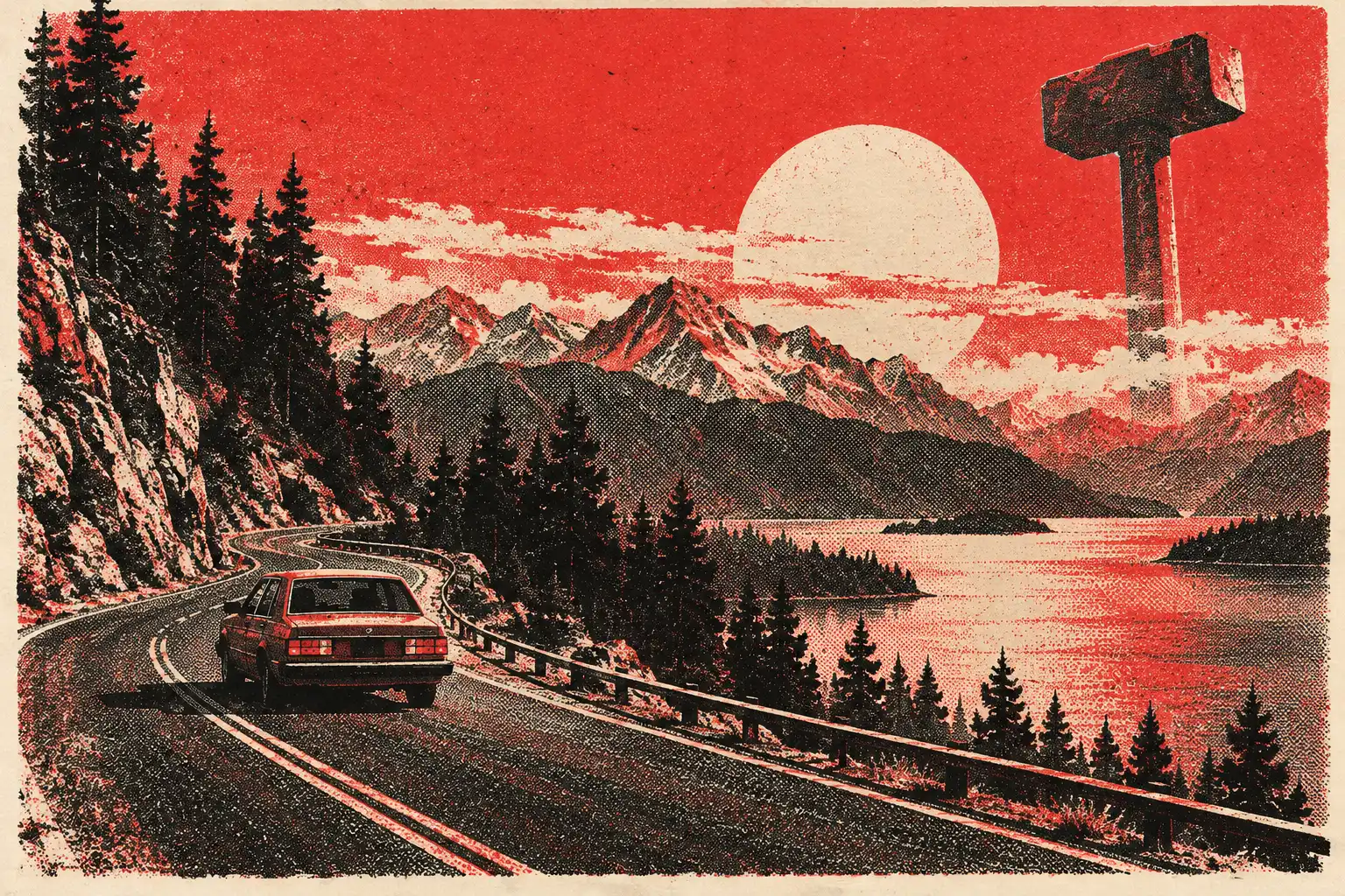 Red halftone scene of a coastal road, a sedan, pine trees, and a sledgehammer