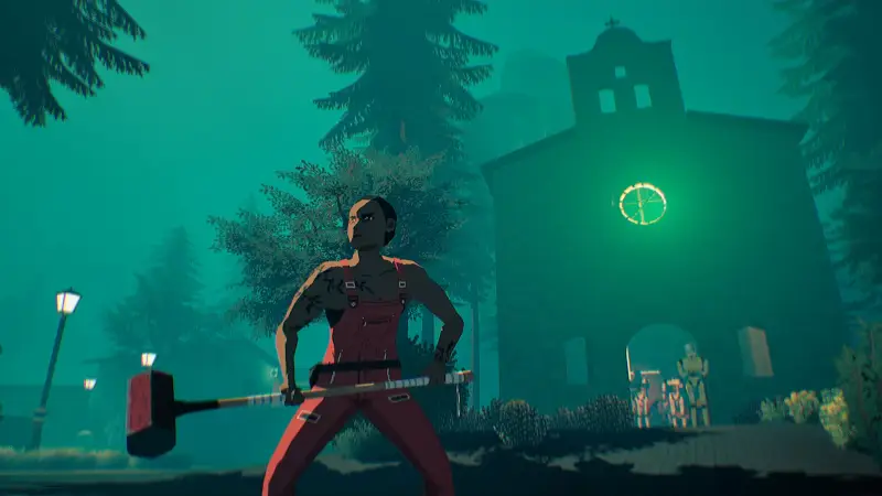 Pratelle with a sledgehammer in front of a church in Virtue and a Sledgehammer