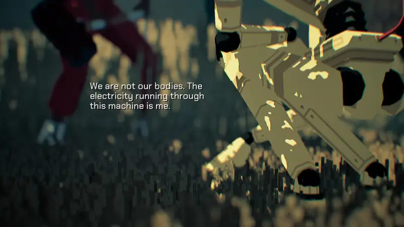 Close view of a white robot’s legs with dialogue on screen in Virtue and a Sledgehammer