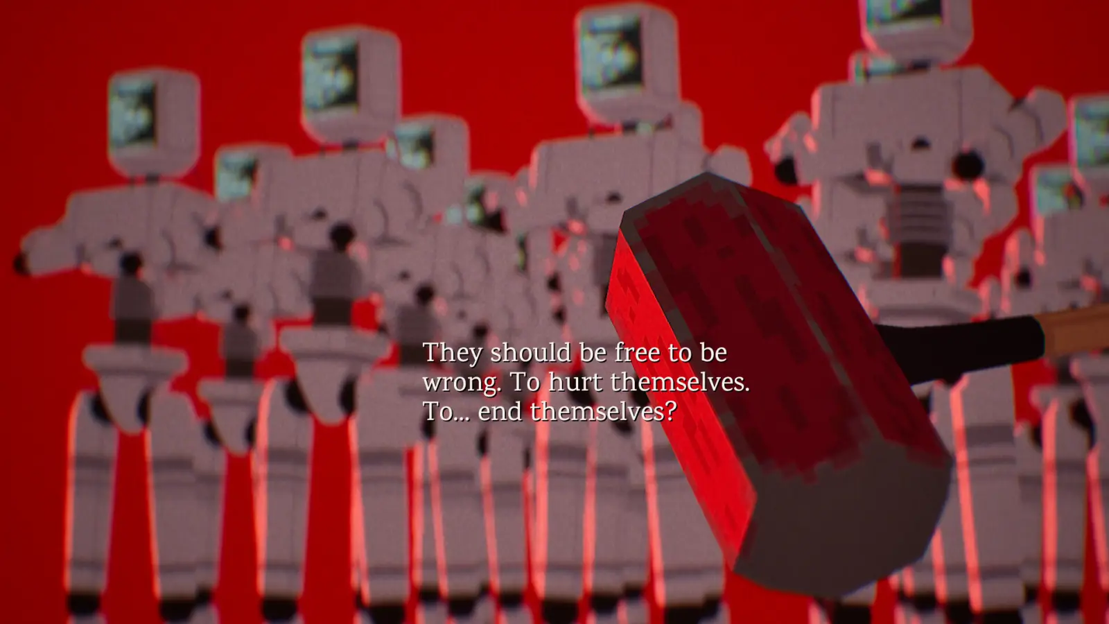 A red sledgehammer in front of a crowd of monitor-headed robots