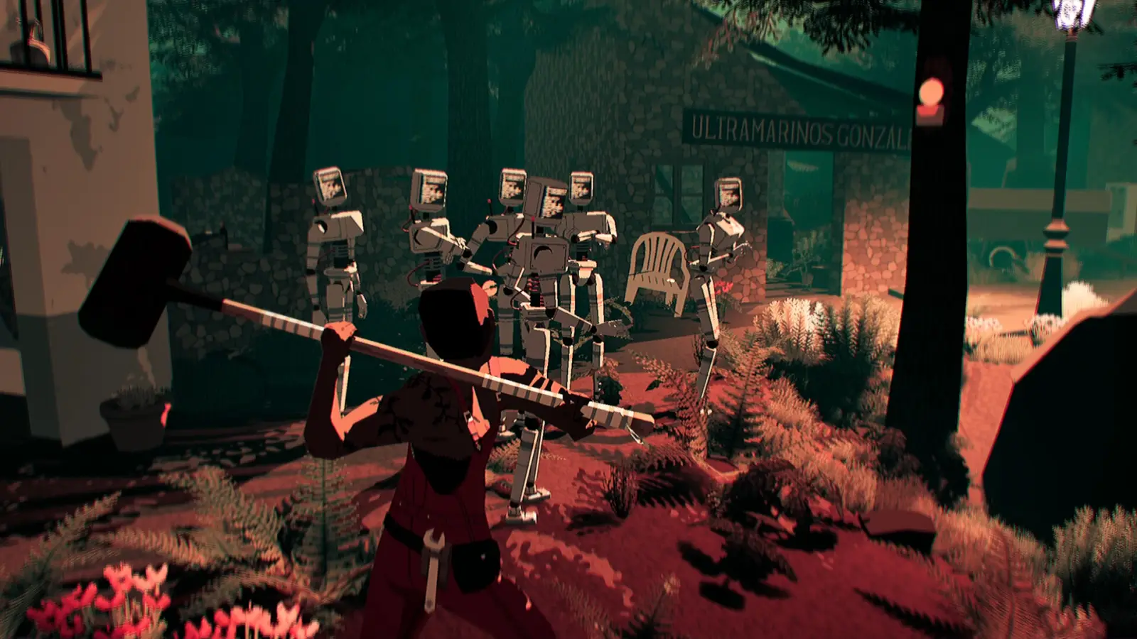Pratelle holding a sledgehammer in front of monitor-headed robots outside a shop